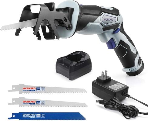 WORKPRO 12V Cordless Reciprocating Saw with Clamping Jaw, 2.0Ah Li-Ion Battery with 1 Hour Fast Charger, Variable Speed and Tool-Free Blade Change, 3 Saw Blades for Wood & Metal Cutting in Saudi Arabia