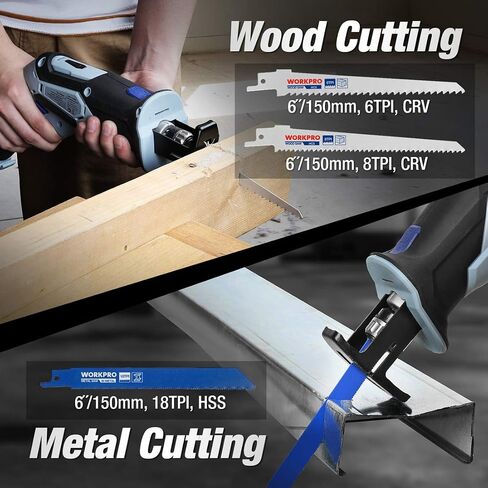 WORKPRO 12V Cordless Reciprocating Saw with Clamping Jaw, 2.0Ah Li-Ion Battery with 1 Hour Fast Charger, Variable Speed and Tool-Free Blade Change, 3 Saw Blades for Wood & Metal Cutting in Saudi Arabia