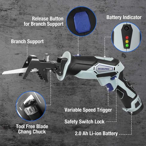 WORKPRO 12V Cordless Reciprocating Saw with Clamping Jaw, 2.0Ah Li-Ion Battery with 1 Hour Fast Charger, Variable Speed and Tool-Free Blade Change, 3 Saw Blades for Wood & Metal Cutting in Saudi Arabia