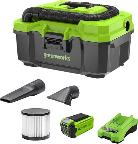 مكنسة Greenworks 40V (3 جالون) اللاسلكية الرطبة / الجافة + الملحقات، وبطارية 2.0 أمبير في الساعة وشاحن متضمن in Saudi Arabia