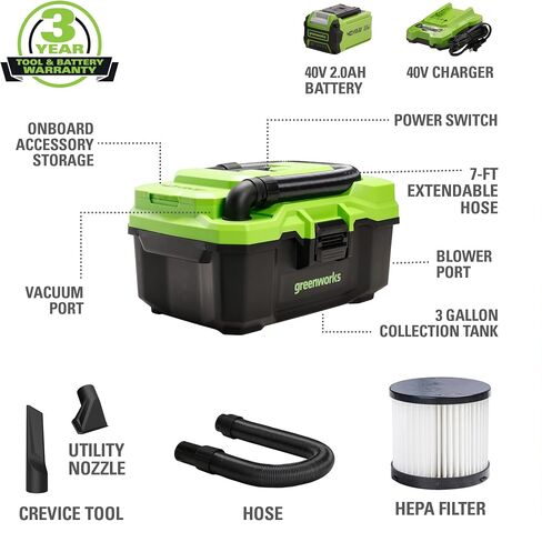 مكنسة Greenworks 40V (3 جالون) اللاسلكية الرطبة / الجافة + الملحقات، وبطارية 2.0 أمبير في الساعة وشاحن متضمن in Saudi Arabia