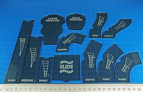 LITKO Template Set Compatible with Gaslands Miniatures Game | Set of 12 | Movement & Maneuvers | Turn Templates | Area Effect | Translucent Bronze (28mm Scale Template Set) in Kuwait