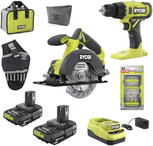 RYOBI 18V Cordless 2-Tool Combo Bundle with Drill & Circular Saw, (2) 1.5 Ah Batteries, Charger, Tool Bag, Impact Rated 20 Piece Drill Bit Set, Plus Buho Drill Holster and Buho Zipper Tool Pouch in Kuwait