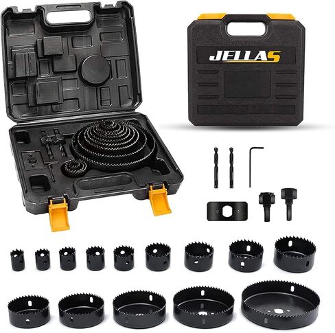 Hole Saw Set, Jellas 17PCS Hole Saw Kit with 13Pcs Saw Blades, Max Size 6"(152mm) and Min Size 3/4" (19mm), 2 Mandrels, 1 Installation Plate and 1 Hex Key, Ideal for Soft Wood, PVC Board and More in Kuwait