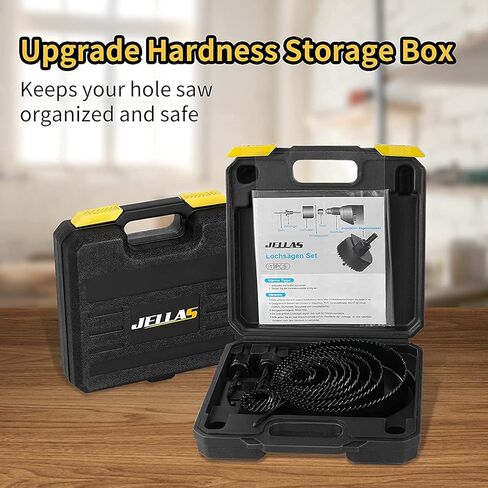 Hole Saw Set, Jellas 17PCS Hole Saw Kit with 13Pcs Saw Blades, Max Size 6"(152mm) and Min Size 3/4" (19mm), 2 Mandrels, 1 Installation Plate and 1 Hex Key, Ideal for Soft Wood, PVC Board and More in Kuwait