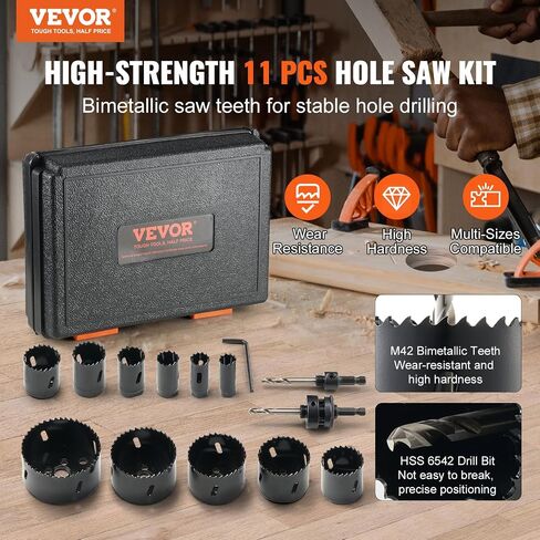 VEVOR Hole Saw Kit, 11 PCS Saw Blades, 2 Drill Bits, 1 Hex Wrench, General Purpose Size from 3/4" to 3", Bi Metal M42 Hole Saw Set with Carrying Case, Ideal for Wood Board, Plastic and Iron Plate in Saudi Arabia