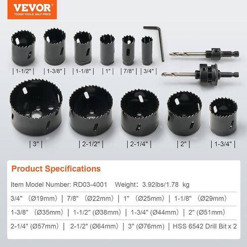 VEVOR Hole Saw Kit, 11 PCS Saw Blades, 2 Drill Bits, 1 Hex Wrench, General Purpose Size from 3/4" to 3", Bi Metal M42 Hole Saw Set with Carrying Case, Ideal for Wood Board, Plastic and Iron Plate in Saudi Arabia
