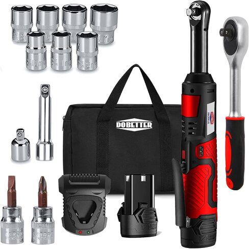 Electric Ratchet Wrench 3/8 Cordless Ratchet Wrench Set, Extended 55 N·m Battery Powered Ratchet Tool with 1 Hand Tool, 7 Sockets, 2 Screwdrivers, 1 Extender, 1/4" Adapter Dobetter-DBCRW12L in Saudi Arabia