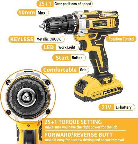 مجموعة أدوات CANBRAKE 21 فولت مع مثقاب، 119 قطعة مجموعة أدوات كهربائية، عزم دوران 320 رطل 0-1350RMP سرعة ستبليس، ظرف بدون مفتاح 3/8 بوصة 25+1 قابض، بطارية 1.5 أمبير × 2 ومجموعة أدوات شاحن منزلية لصيانة الإصلاح in Kuwait