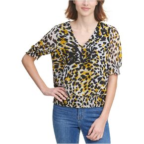 Calvin Klein Women's Printed Short Sleeve V Neck Blouse with Smocking in Saudi Arabia