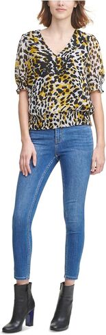 Calvin Klein Women's Printed Short Sleeve V Neck Blouse with Smocking in Saudi Arabia