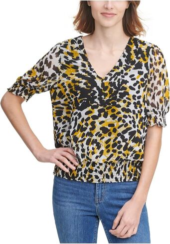 Calvin Klein Women's Printed Short Sleeve V Neck Blouse with Smocking in Saudi Arabia