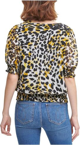 Calvin Klein Women's Printed Short Sleeve V Neck Blouse with Smocking in Saudi Arabia