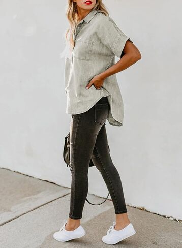 Astylish Womens Button Down Shirts V Neck Loose Casual Shirt in Kuwait