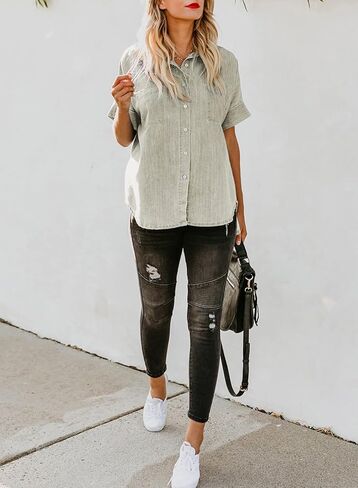 Astylish Womens Button Down Shirts V Neck Loose Casual Shirt in Kuwait
