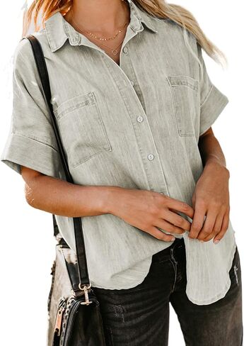 Astylish Womens Button Down Shirts V Neck Loose Casual Shirt in Kuwait