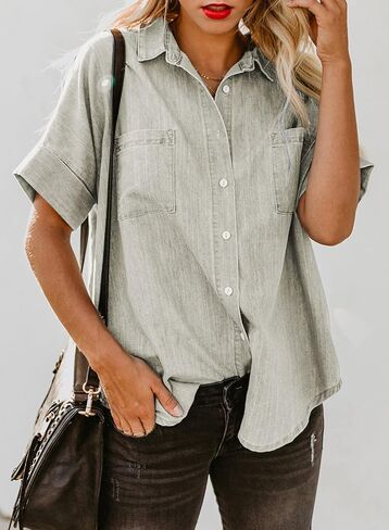 Astylish Womens Button Down Shirts V Neck Loose Casual Shirt in Kuwait
