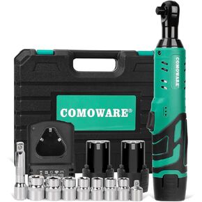 COMOWARE Cordless Electric Ratchet Wrench 3/8", 40Ft-lbs 12V Power Ratchet Kit with 2-Pack Lithium-Ion Batteries, 1 Hour Fast Charger, Variable Speed Trigger, 8 Sockets, LED Light