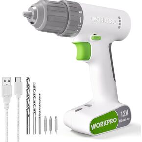 WORKPRO Pink Cordless Drill Driver Set, 12V Electric Power Drill Tool Kit with 6 Pcs Bits, 3/8-Inch Keyless Chuck, Variable Speed, 18 Touque Setting, Type-C Charge Cable, Led Light, Pink Ribbon