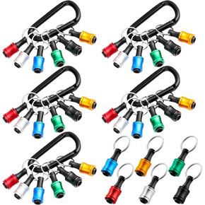 Therwen 30 Pcs 1/4" Hex Shank Aluminum Screwdriver Bit Holder Easy Change Screwdriver Bits Holder Aluminum Alloy Bit Holder Keychain Bit Organizer Drill Screw Adapter for Tool, 6 Color with Black Clip