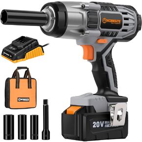 وورك سايت مفتاح ربط 20 فولت 1/2 انش بعزم دوران بحد اقصى 370 قدم - باوند (500 نانومتر)، مجموعة ادوات مفك عزم لاسلكي مع شاحن وبطارية و4 مقابس مفك عزم لاطارات السيارات وتحسين المنزل in Kuwait