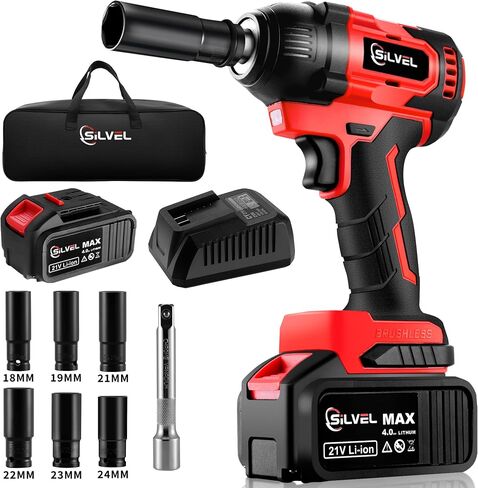 SILVEL Impact Wrench, Cordless Impact Wrench 1/2 inch, Brushless 1/2 Inch Impact Gun, 370 Ft-lbs Max Torque(500N.m), 21V 4.0Ah Li-ion Battery with Fast Charger, 6Pcs Sockets, Electric Impact Driver in Saudi Arabia