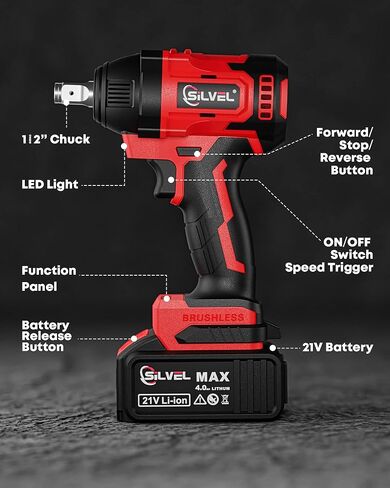 SILVEL Impact Wrench, Cordless Impact Wrench 1/2 inch, Brushless 1/2 Inch Impact Gun, 370 Ft-lbs Max Torque(500N.m), 21V 4.0Ah Li-ion Battery with Fast Charger, 6Pcs Sockets, Electric Impact Driver in Saudi Arabia