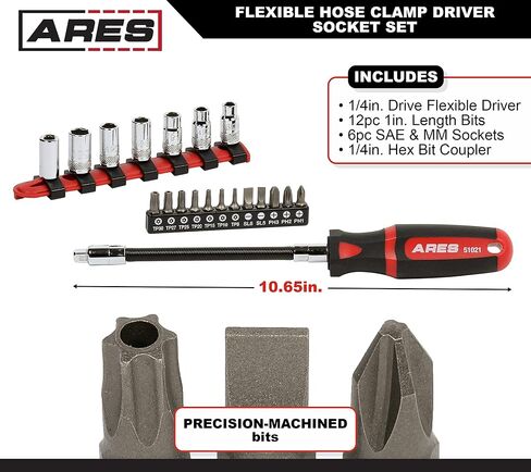 ARES 51000 - Flexible Screwdriver - 1/4-Inch Drive Quick Release Bit Holder Head - Strong and Flexible Shaft - Allows for Access to Tight and Confined Spaces - Socket Adapter Included in Kuwait