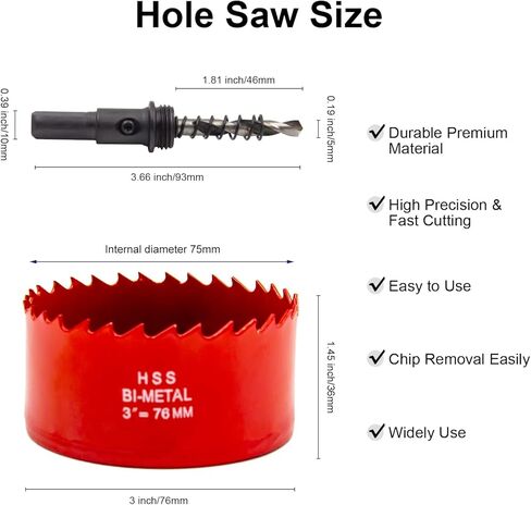 منشار ثقب 3 بوصة، لقمة ثقب منشار ثقب 76 مم من HASA، قاطع الحوائط الجافة مع لقمة ثقب مركزية للخشب واللوح الجصي والبلاستيك والصفائح المعدنية الناعمة in Kuwait