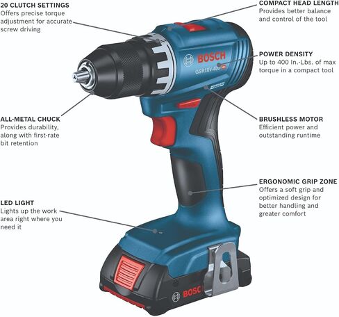 بوش GSR18V-400B12 18 فولت بدون فرش مدمج 1/2 بوصة. طقم المثقاب/المفك مع (1) بطارية SlimPack سعة 2.0 أمبير in Kuwait