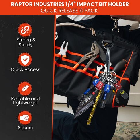 حامل لقم احترافي من Raptor Industries مقاس 1/4 بوصة لقم الثقب الصدمي سريع التغيير، عملية بيد واحدة مع حلقة تسلق. 6 عبوات بـ 3 ألوان in Kuwait