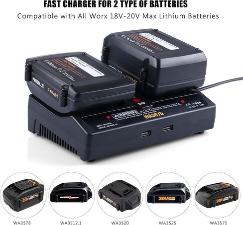 استبدال شاحن 20 فولت WA3875 لشاحن بطارية Worx 20 فولت WA3770 ثنائي المنفذ مع مؤشر LED، متوافق مع بطارية ليثيوم أيون Worx 20 فولت WA3520 WA3525 WA3575 WA3578 WA3512 WA3522 WA3671 in Kuwait