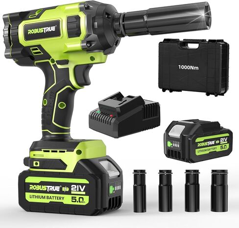 مفتاح ربط تأثير لاسلكي قوي 1/2 بوصة، عزم دوران عالي 737 قدم رطل (1000 نيوتن متر) مفتاح ربط تأثير بدون فرش، مسدس تأثير بطارية 5.0 أمبير مع 2600 دورة في الدقيقة، شاحن واحد، 4 مقابس، مفتاح ربط كهربائي لشاحنة السيارة in Kuwait