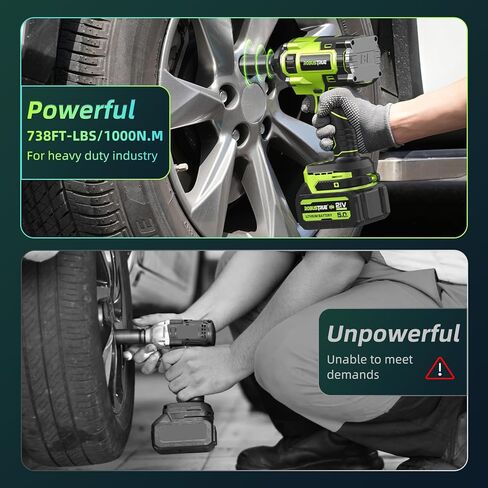 مفتاح ربط تأثير لاسلكي قوي 1/2 بوصة، عزم دوران عالي 737 قدم رطل (1000 نيوتن متر) مفتاح ربط تأثير بدون فرش، مسدس تأثير بطارية 5.0 أمبير مع 2600 دورة في الدقيقة، شاحن واحد، 4 مقابس، مفتاح ربط كهربائي لشاحنة السيارة in Kuwait