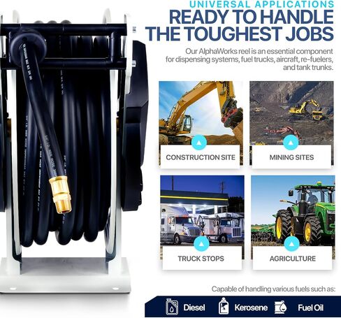 بكرة خرطوم الوقود AlphaWorks قابلة للسحب ELITE 3/4 بوصة × 65 قدمًا طويلة جدًا خرطوم NBR التجاري الممتاز بحد أقصى 300 رطل لكل بوصة مربعة هيكل فولاذي صناعي عالي التحمل ذراع مزدوج للوقود/الهواء/الماء in Kuwait