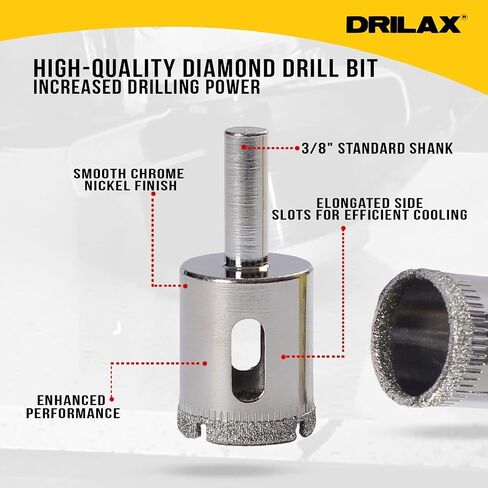 Drilax Diamond Drill Bit 10 Pieces Set 5/32 3/16 1/4 5/16 3/8 1/2 5/8 3/4 7/8 1 Inch Ceramic Porcelain Tile Glass Granite Quartz Slate Bottle Lamps Template Guide Included in Saudi Arabia