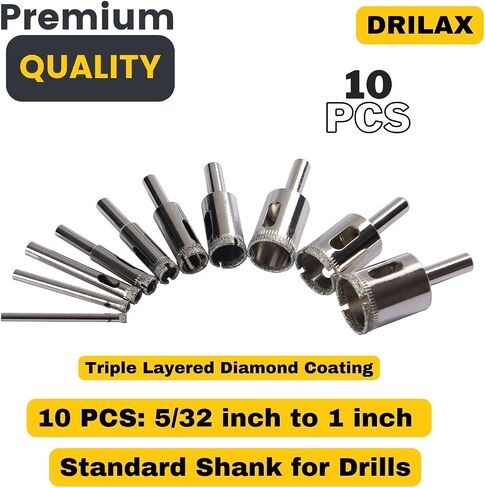 Drilax Diamond Drill Bit 10 Pieces Set 5/32 3/16 1/4 5/16 3/8 1/2 5/8 3/4 7/8 1 Inch Ceramic Porcelain Tile Glass Granite Quartz Slate Bottle Lamps Template Guide Included in Saudi Arabia