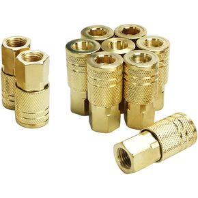 10 Piece Female Air Coupler Fittings, 1/4-Inch NPT Thread and Body Size of Quick Connect Air Tools, Industrial M Style Coupler with Brass Finish for Quickly and Safely Disconnect Air Hose in Saudi Arabia