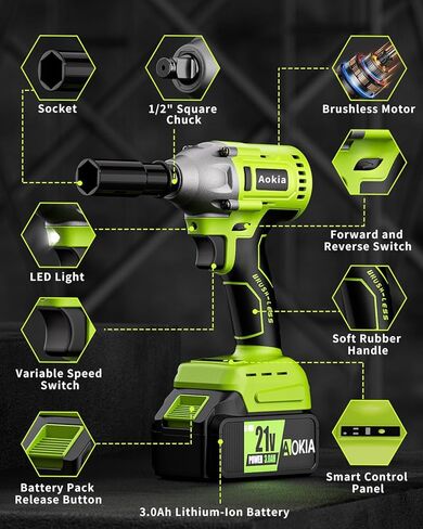 مفتاح ربط كهربائي لاسلكي من أوكيا - 1/2 بوصة، 21 فولت، محرك تأثير بدون فرش، أقصى عزم دوران 240 قدم - رطل (320 نيوتن متر)، مسدس تأثير مع بطارية ليثيوم أيون 3.0 أمبير وشاحن سريع، 3 قطع مقابس تأثير لمنزل السيارة in Kuwait