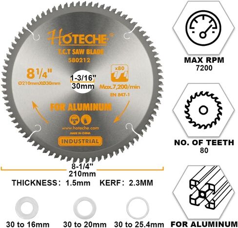 Hoteche 8-1/4 بوصة شفرة منشار دائرية للألومنيوم 80 سنًا من كربيد التنجستن شفرة منشار احترافية عالية الأداء لمنشار ميتري ومناشير الطاولة مع أربور 1 بوصة، 13/16 بوصة، 5/8 بوصة in Saudi Arabia