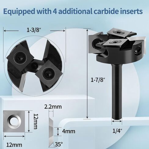 CNC Spoilboard Surfacing Router Bit, 1/4" Shank 1-3/8"Cutting Diameter, 2+2 Inserts Cutter, Slab Flattening Router, 4 Additional Replaceable Carbide Inserts in Kuwait