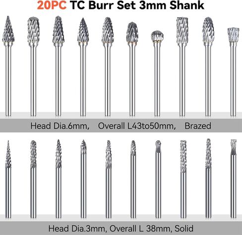 20 Pcs Carbide Burrs Set 1/8" Shank, Preciva Double Cut Die Grinder Bits, Tungsten Carbide Rotary Burr Set for Grinder Bits Rotary Tools, Metal Polishing, Engraving, Drilling in Kuwait