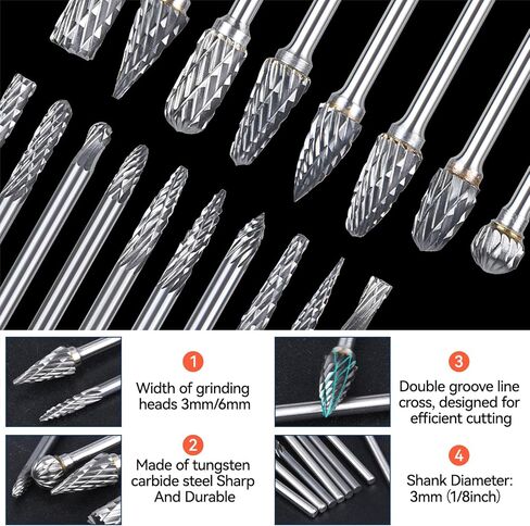 20 Pcs Carbide Burrs Set 1/8" Shank, Preciva Double Cut Die Grinder Bits, Tungsten Carbide Rotary Burr Set for Grinder Bits Rotary Tools, Metal Polishing, Engraving, Drilling in Kuwait