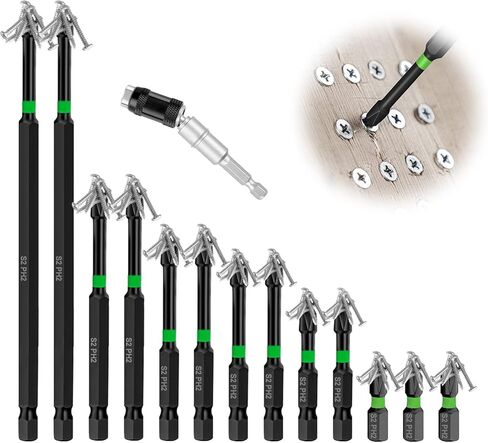 14PC Magnetic Screwdriver Bit Set, Impact Phillips Drill Bit with Magnetic Bit Holder, S2 Alloy Steel Anti-Slip Long Drill Bits 1/4 Hex Shank Cross Impact Driver Bit for Power Drilling (25-150mm) in Kuwait