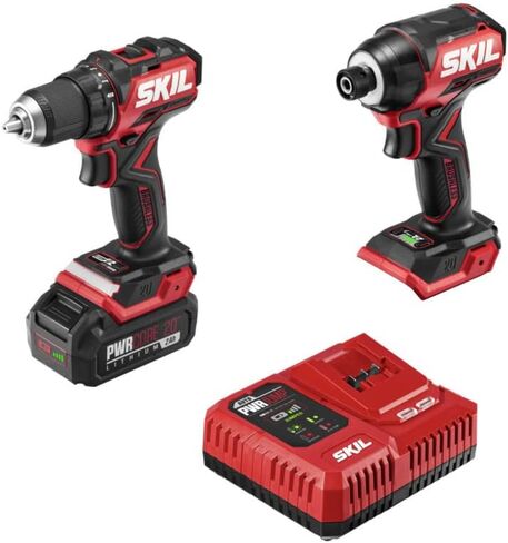 SKIL PWR CORE 20 Brushless 20V Drill Driver & Impact Driver Kit, Includes 2.0Ah Lithium Battery and PWR JUMP Charger - CB743701, Red in Saudi Arabia