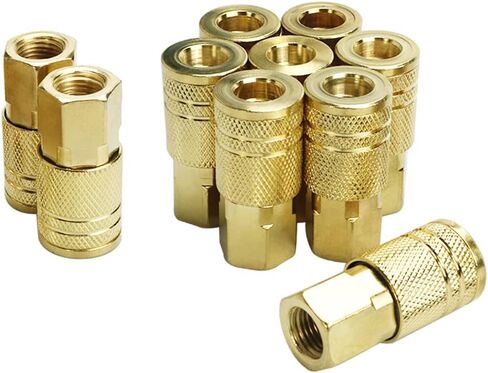 10 Piece Female Air Coupler Fittings, 1/4-Inch NPT Thread and Body Size of Quick Connect Air Tools, Industrial M Style Coupler with Brass Finish for Quickly and Safely Disconnect Air Hose in Saudi Arabia