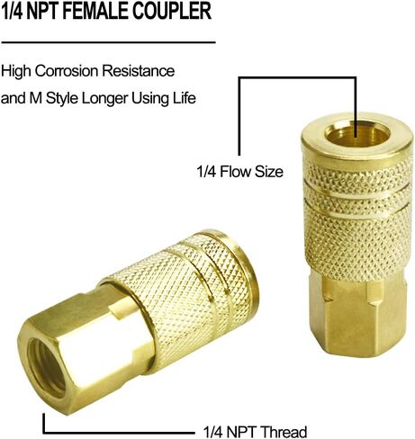 10 Piece Female Air Coupler Fittings, 1/4-Inch NPT Thread and Body Size of Quick Connect Air Tools, Industrial M Style Coupler with Brass Finish for Quickly and Safely Disconnect Air Hose in Saudi Arabia