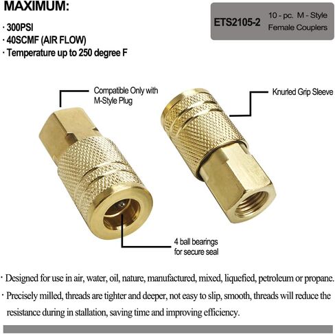 10 Piece Female Air Coupler Fittings, 1/4-Inch NPT Thread and Body Size of Quick Connect Air Tools, Industrial M Style Coupler with Brass Finish for Quickly and Safely Disconnect Air Hose in Saudi Arabia