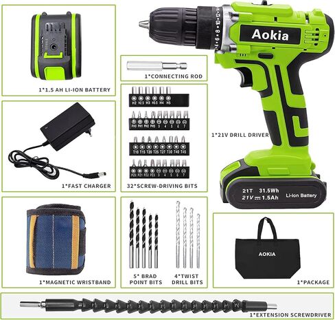 مجموعة مثقاب كهربائي لاسلكي من اوكيا: مجموعة ادوات مفك كهربائي 21 فولت 3/8 انش ظرف بدون مفتاح 1500 دورة في الدقيقة سرعة متغيرة للحفر على الحائط والخشب والمعدن 43 قطعة in Kuwait