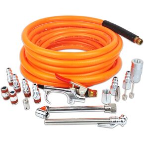 Air Compressor Accessories Kit, 9 Pieces, 1/4 Inch × 25FT PVC Hose, Deep Blue, Includes Blow Gun, Fittings, Chuck, Tire Gauge, 300 PSI